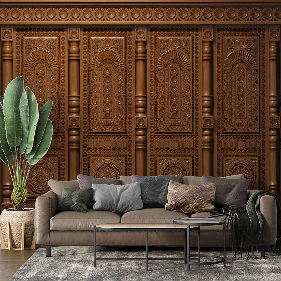 3D Kabartma Motifli Ahşap Panel Duvar Kağıdı Baskı