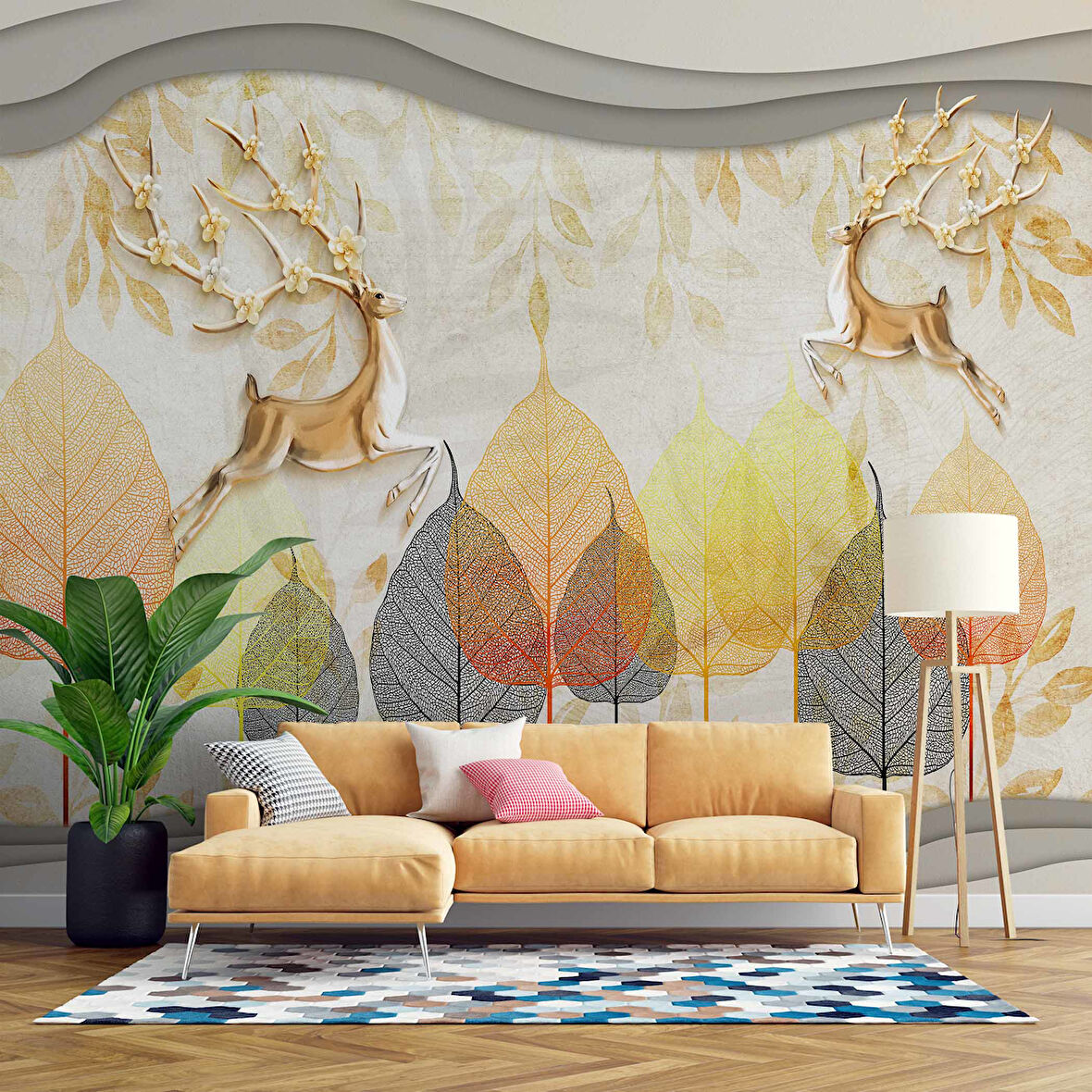 3D Kabartma Geyik ve Yaprak Temalı Duvar Kağıdı Baskı