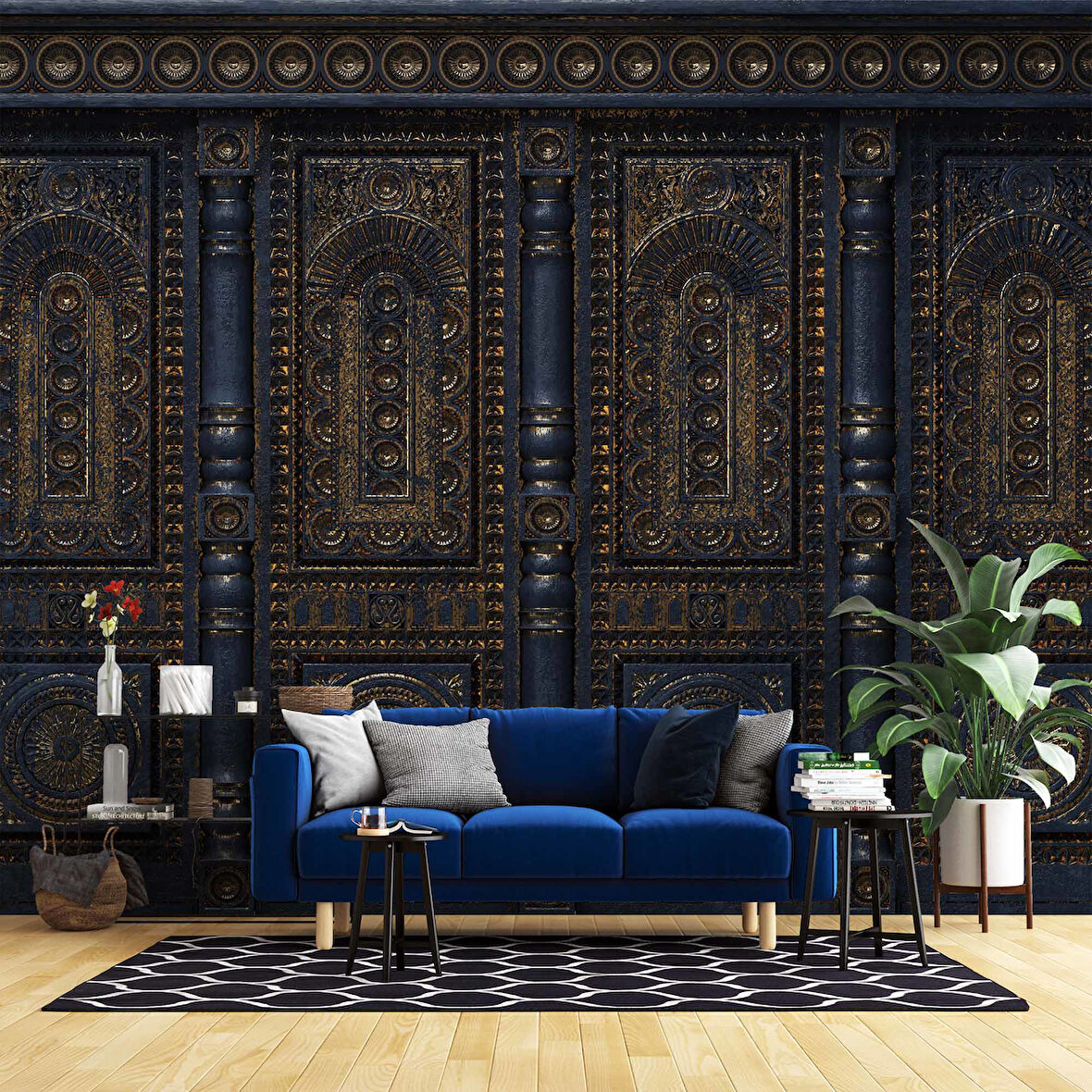 3 Boyutlu Altın Motif Lacivert Panel Duvar Kağıdı Baskı