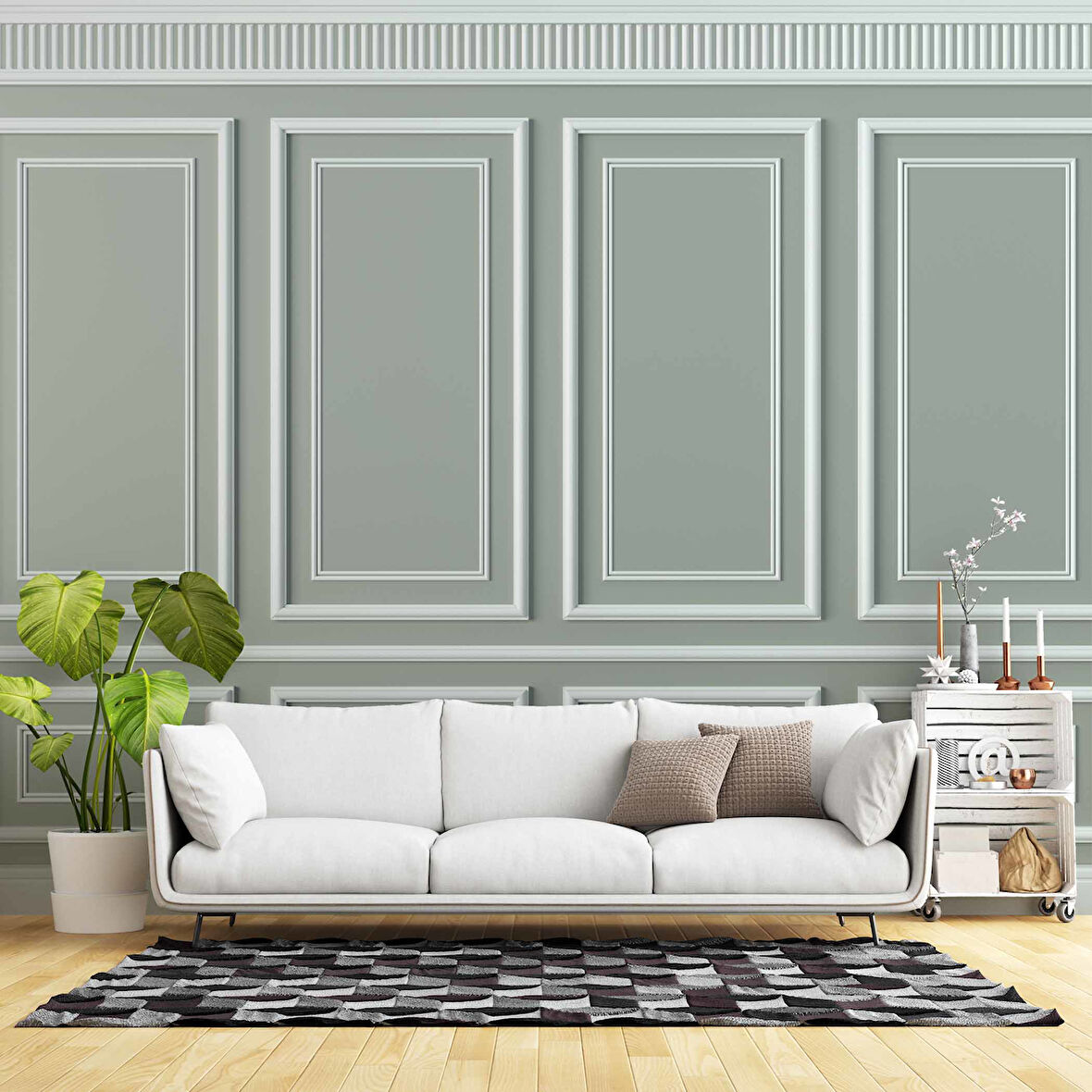 3D Beyaz Çıtalı Ahşap Panel Duvar Kağıdı Baskı