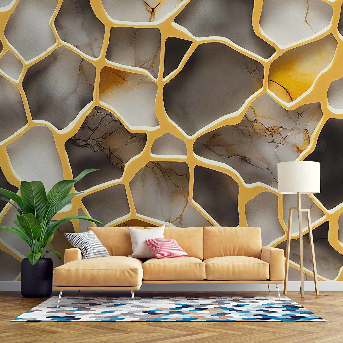 3D Mermer Altın Şerit Duvar Kağıdı Baskı