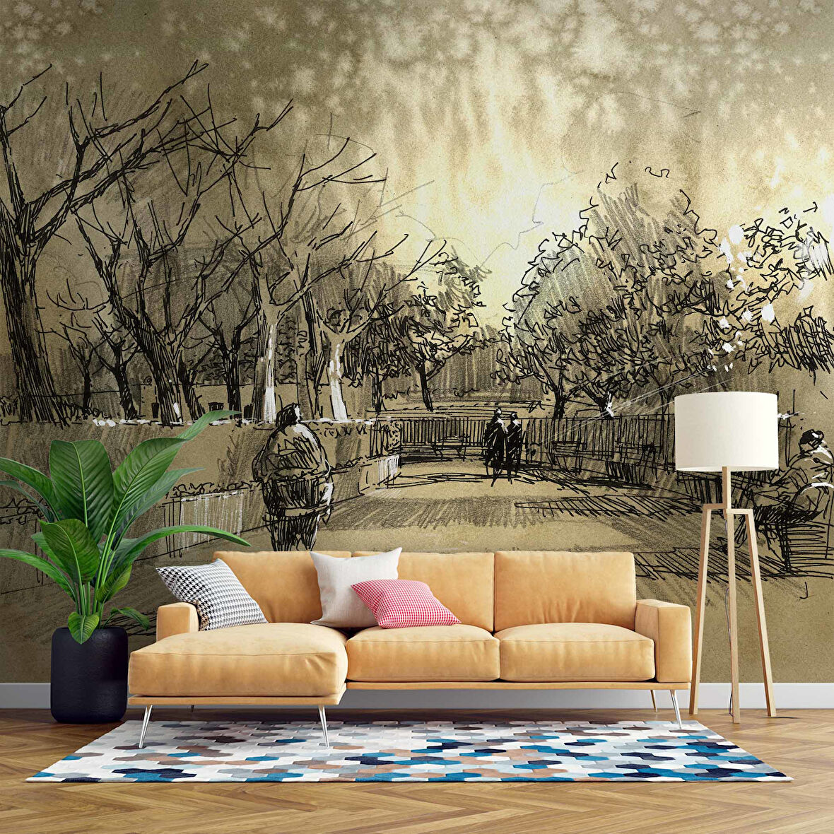 Kara Kalem Cadde Ağaç Çizim Manzaralı Duvar Kağıdı Baskı