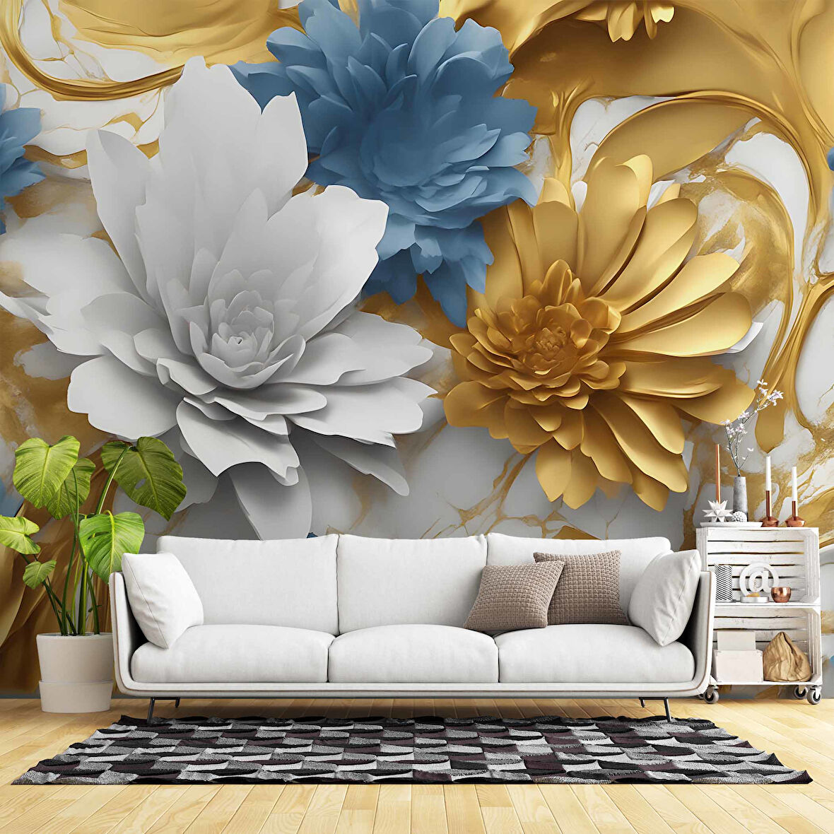 3D Beyaz, Mavi, Altın Çiçek Desenli Duvar Kağıdı Baskı