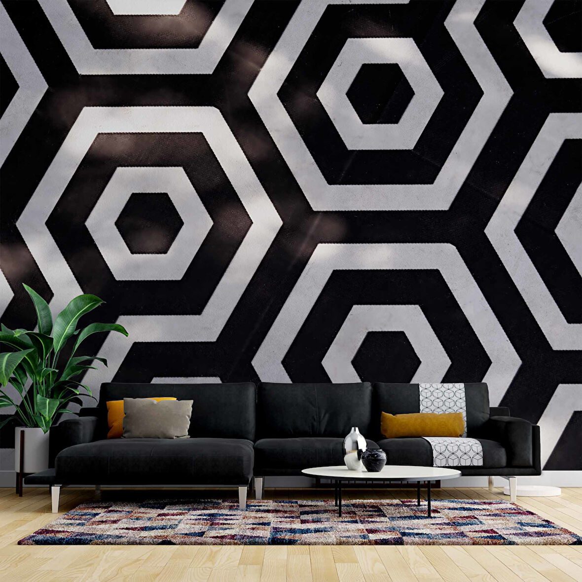 3D Siyah Beyaz Geometri Petek Temalı Duvar Kağıdı Baskı