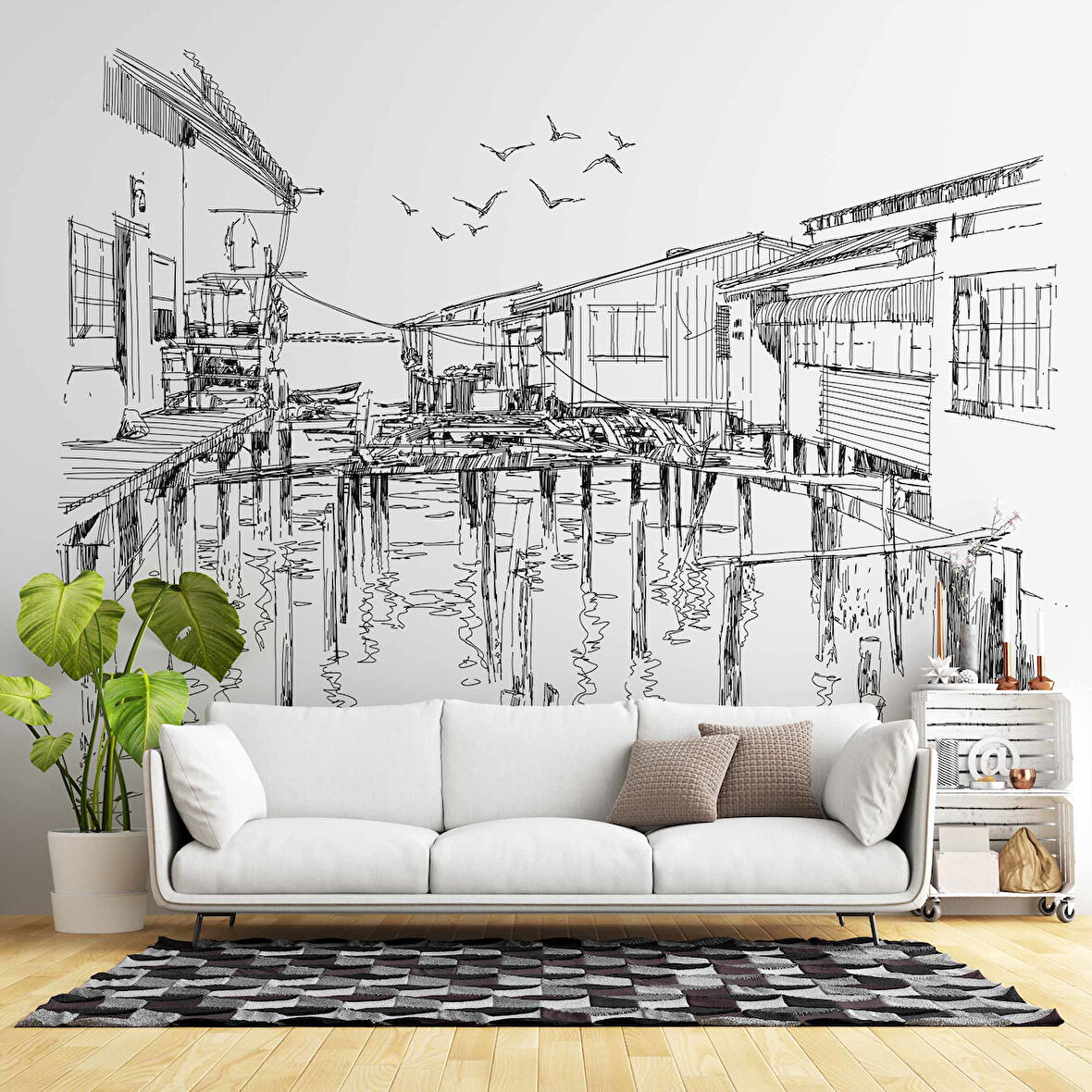 Kara Kalem Ahşap Köprü Çizimi Duvar Kağıdı Baskı