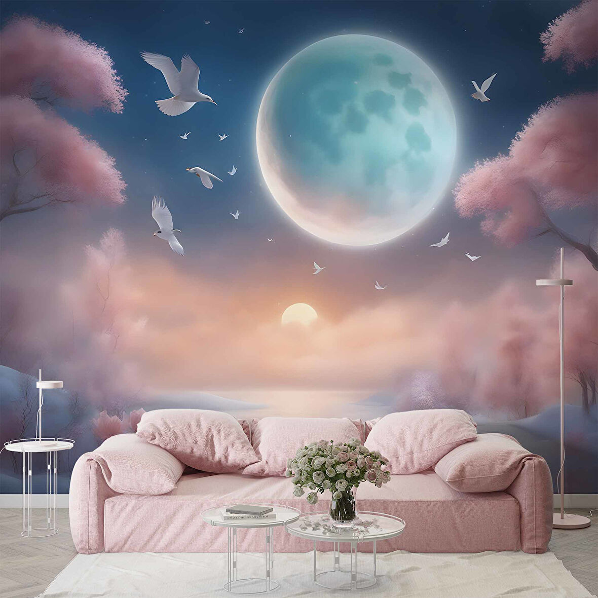 Soft Pembe Ağaç ve Gökyüzü Ay Temalı Duvar Kağıdı Baskı