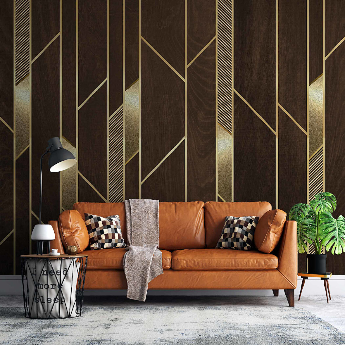 3D Ahşap Altın Panel Duvar Kağıdı Baskı