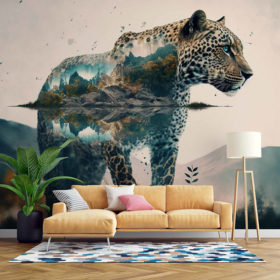 Leopar ve Dağ Manzaralı Duvar Kağıdı