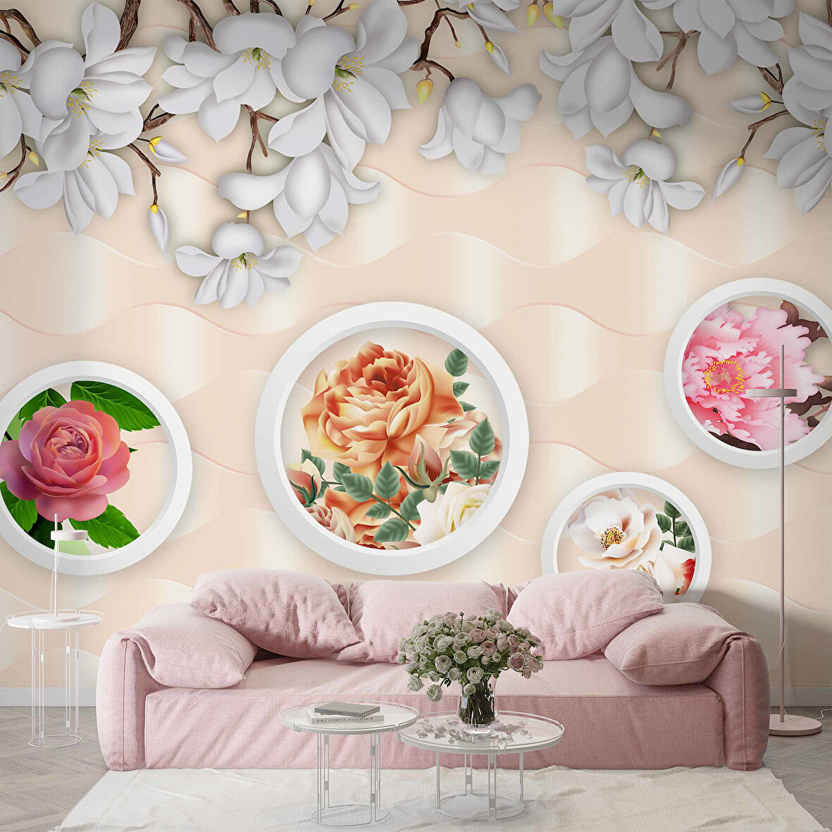 3D Halka ve Pembe Çiçek Duvar Kağıdı Baskı