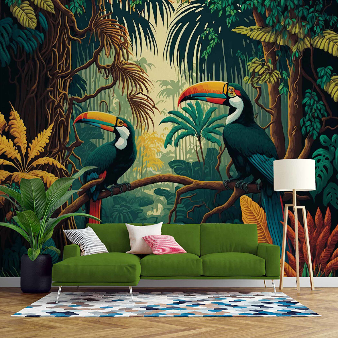 Papağan ve Tropikal Orman Duvar Kağıdı Baskı
