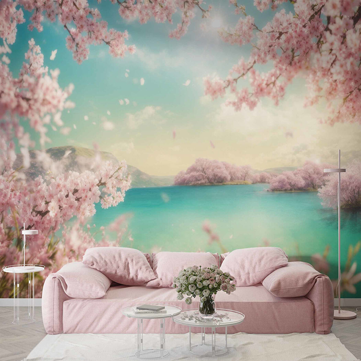 Pembe Ağaç ve Göl Duvar Kağıdı Baskı