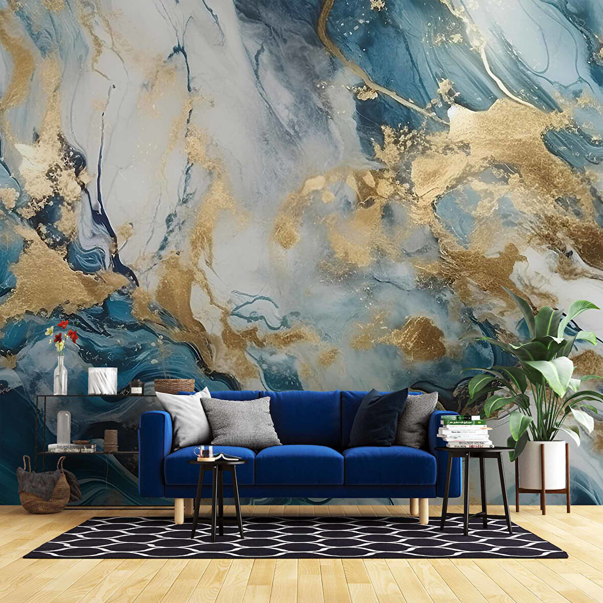Mavi ve Altın Mermer Desenli Duvar Kağıdı