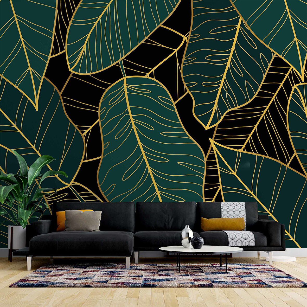 Yeşil Yaprak ve Altın Çizgi Duvar Kağıdı