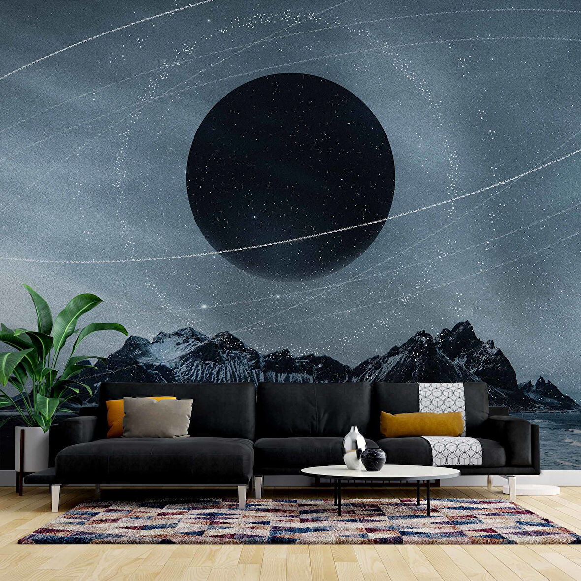 Dağ ve Siyah Ay Manzaralı Duvar Kağıdı Baskı