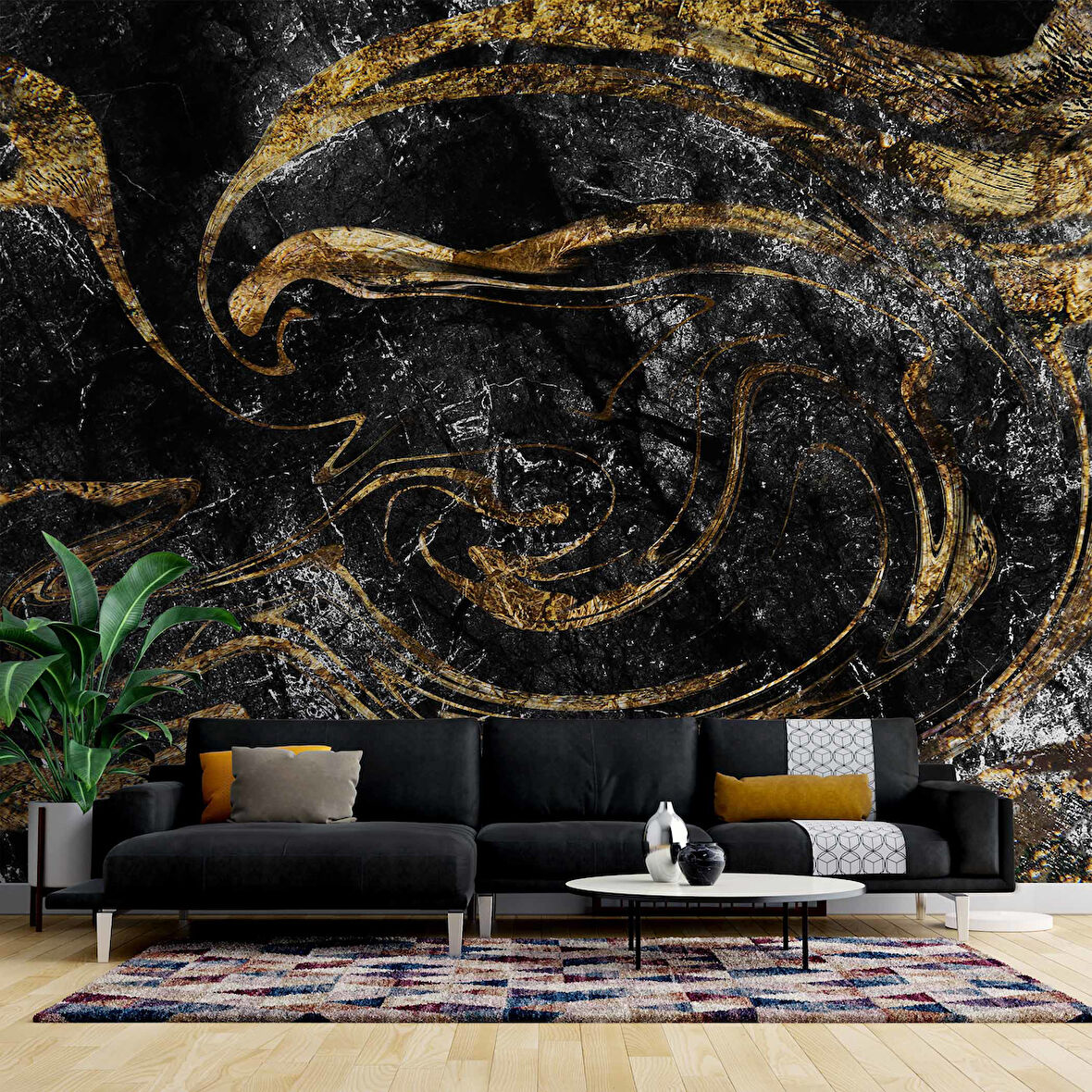 Siyah Altın Mermer Desenli Duvar Kağıdı Baskı