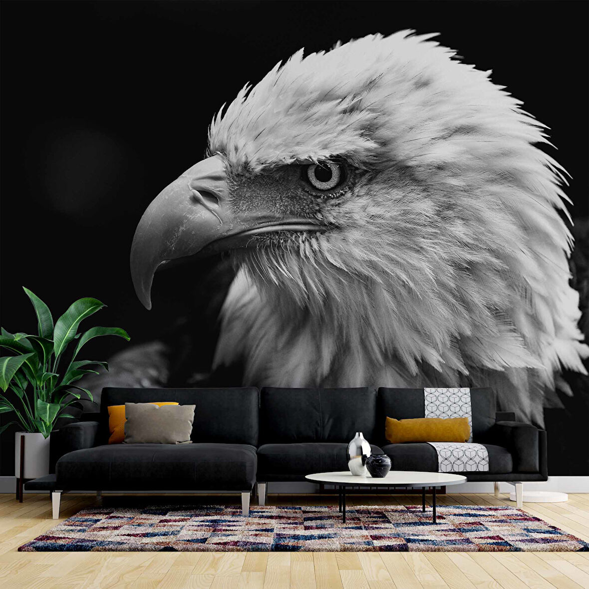 Siyah Beyaz Kartal Temalı Duvar Kağıdı Baskı