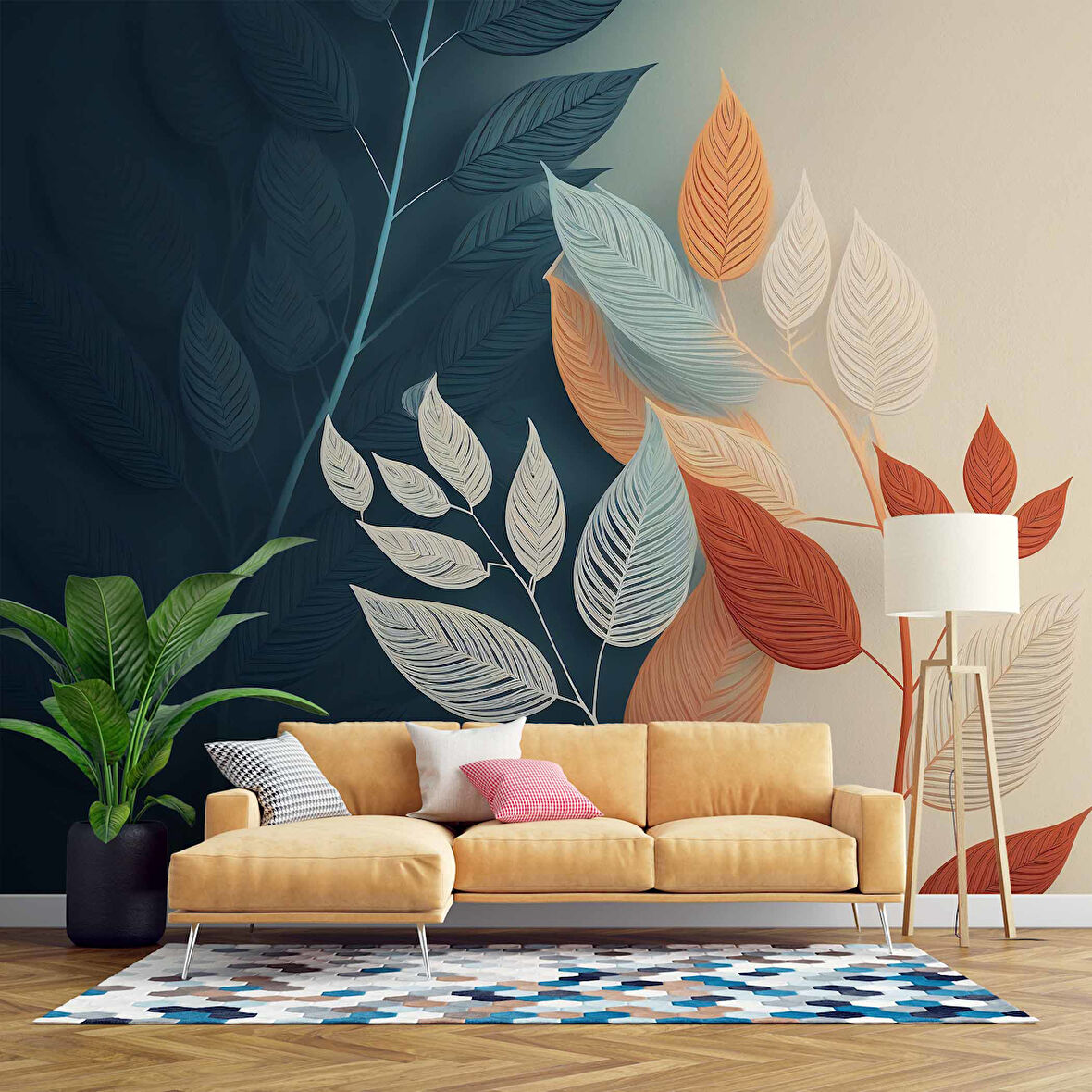 Soft Lacivert ve Krem rengi Yaprak Duvar Kağıdı Baskı