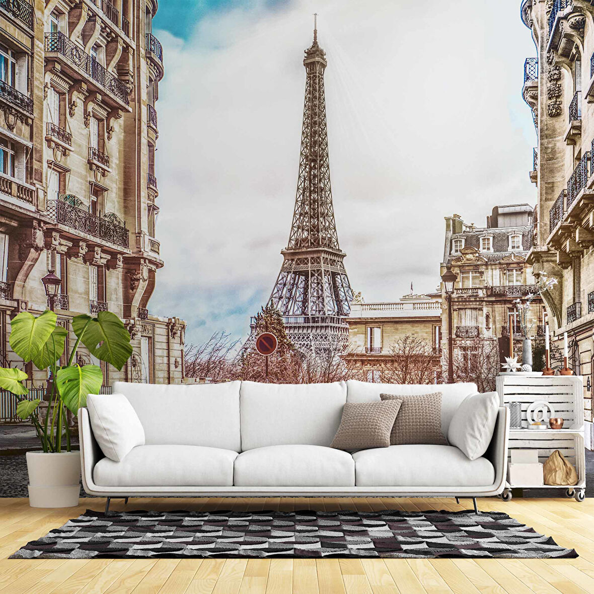 Paris Sokak ve Eyfel Kulesi Manzaralı Duvar Kağıdı Baskı