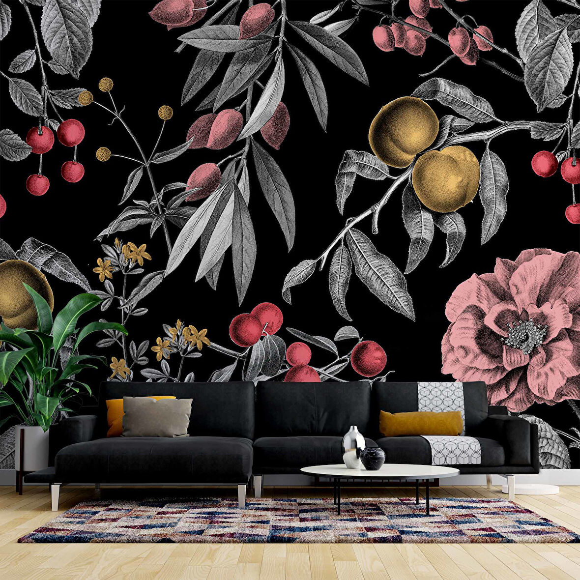 Meyve ve Yaprak Desenli Duvar Kağıdı Baskı