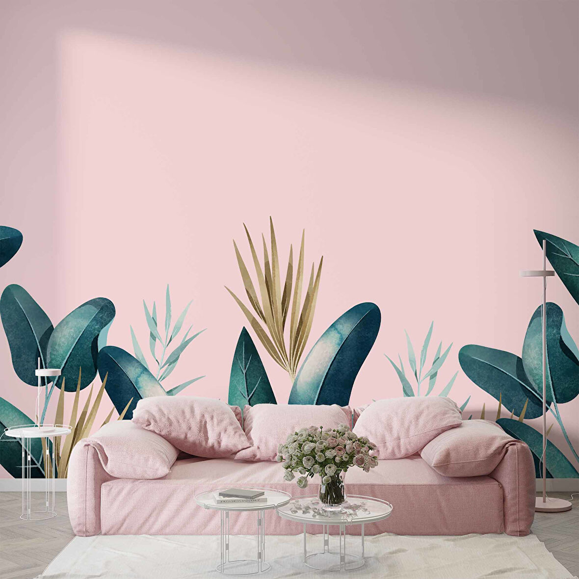 Pembe Zemin ve Yeşil Yaprak Temalı Duvar Kağıdı Baskı