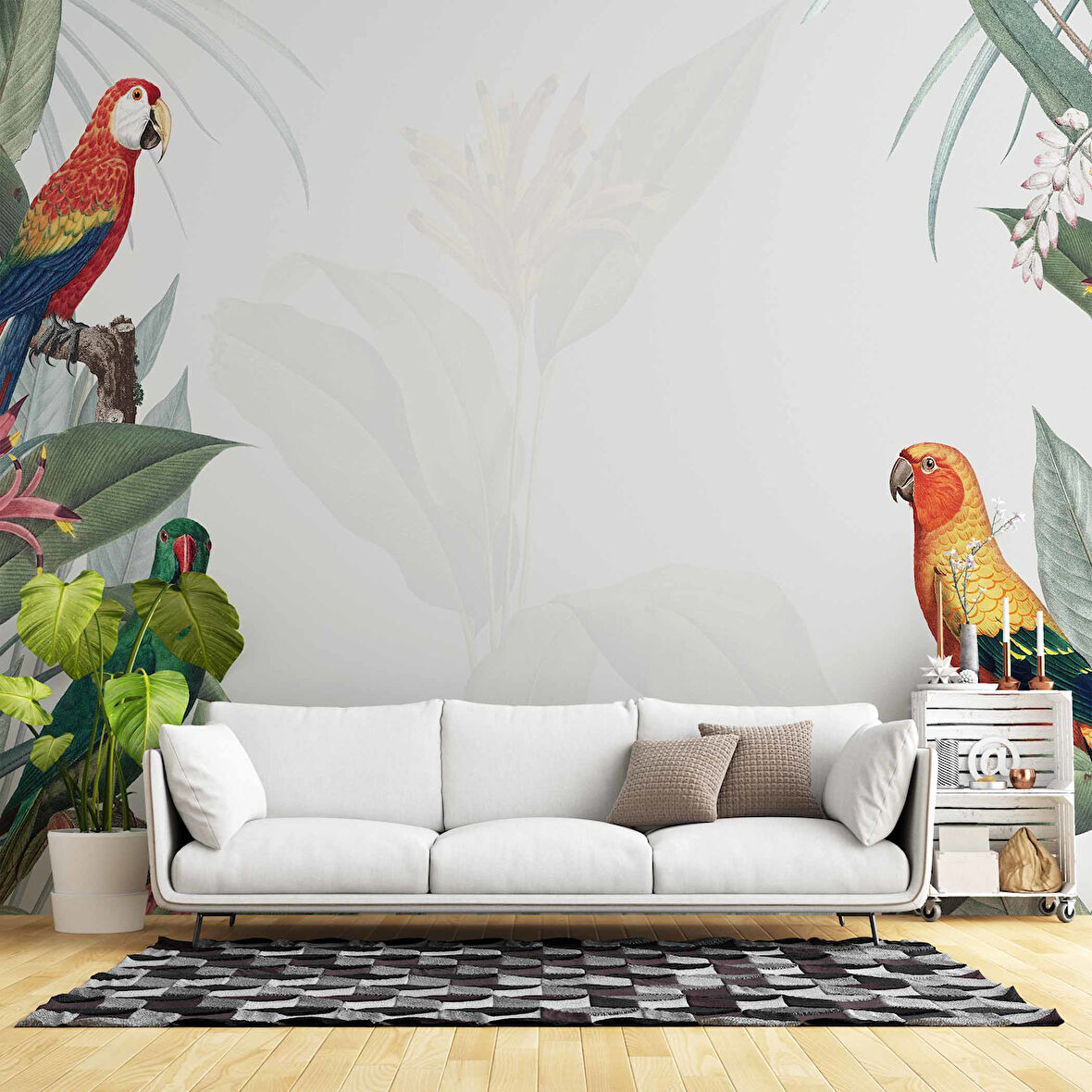 Papağan ve Yeşil Yaprak Temalı Duvar Kağıdı Baskı