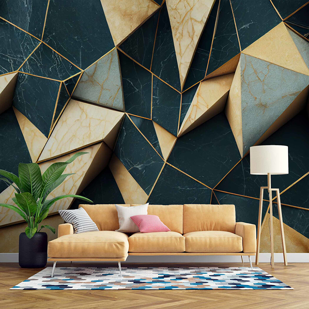 3 Boyutlu Zümrüt - Krem Renk Duvar Kağıdı