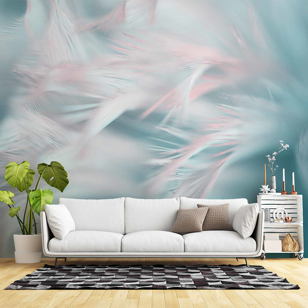 Pembe Mavi Tüy Temalı Duvar Kağıdı