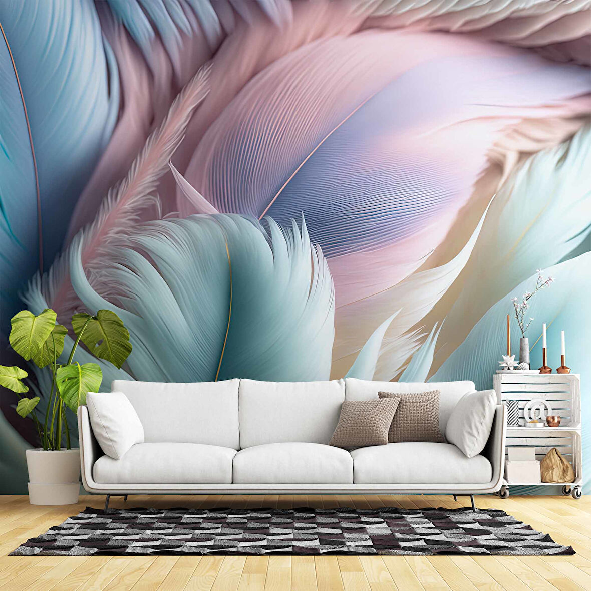 Soft Mavi Pembe Tüy Desenli Duvar Kağıdı Baskı