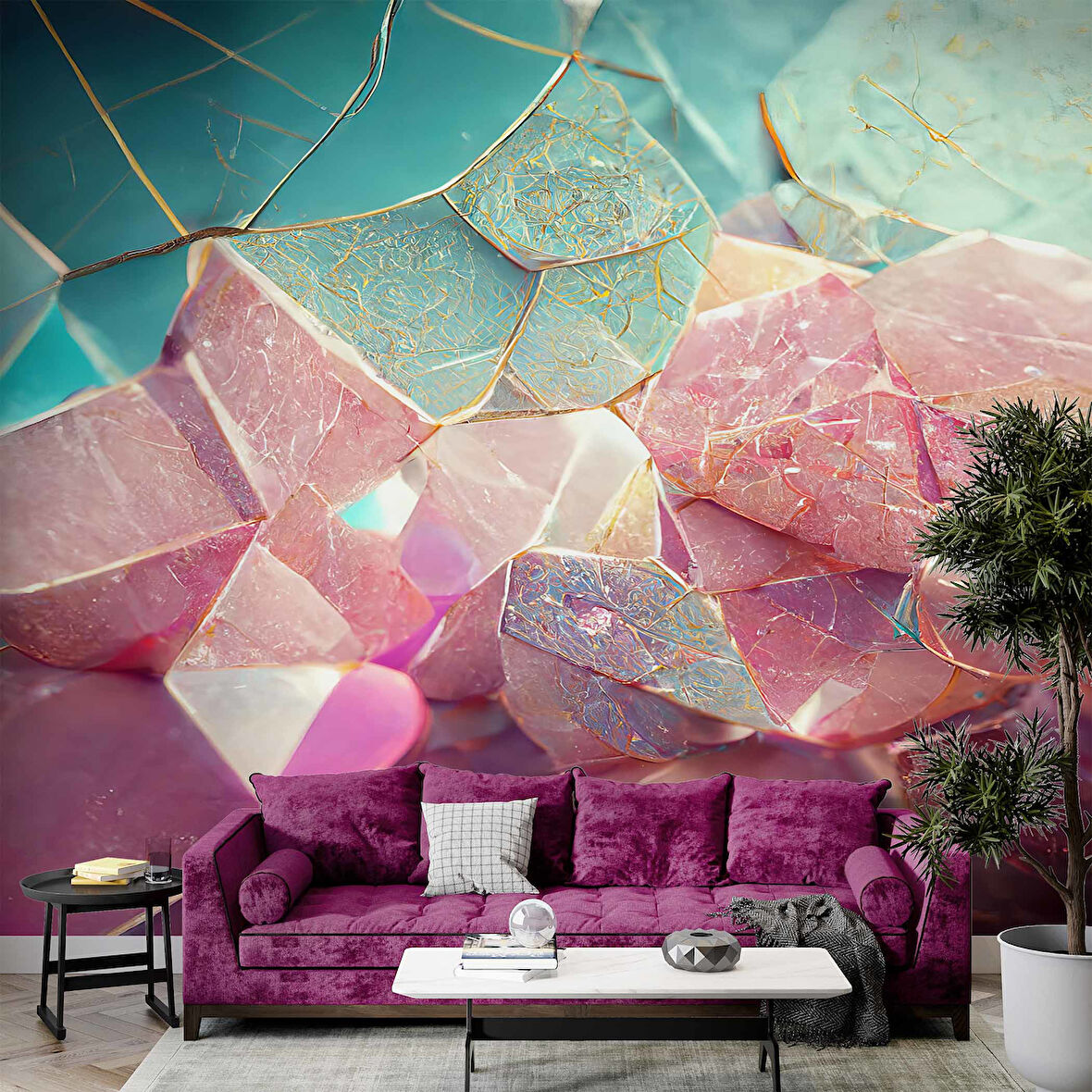 3 Boyutlu Mavi Pembe Kristal Temalı Duvar Kağıdı