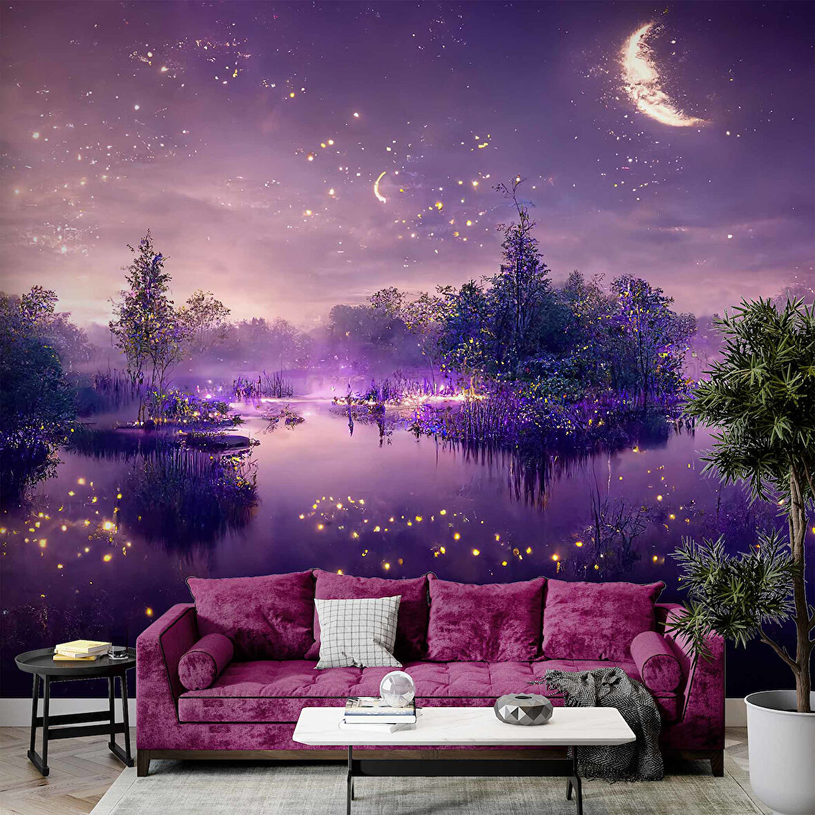 Mor Romantik Gece Göl Kenarı Temalı Duvar Kağıdı Baskı