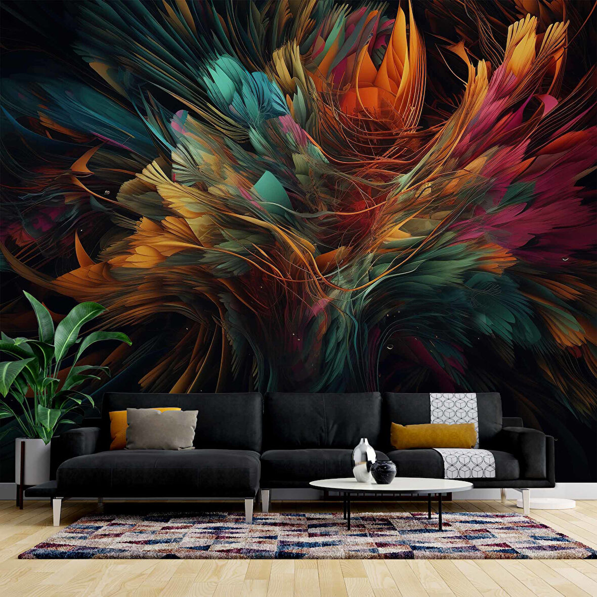 3 Boyutlu Renkli Tüy Temalı Duvar Kağıdı Baskı