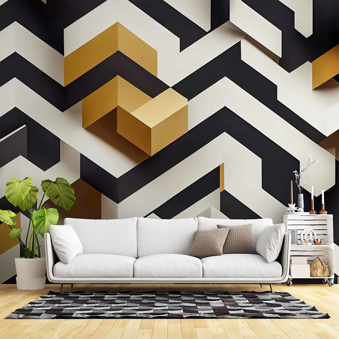 3 Boyutlu Siyah Beyaz Altın Temalı Duvar Kağıdı