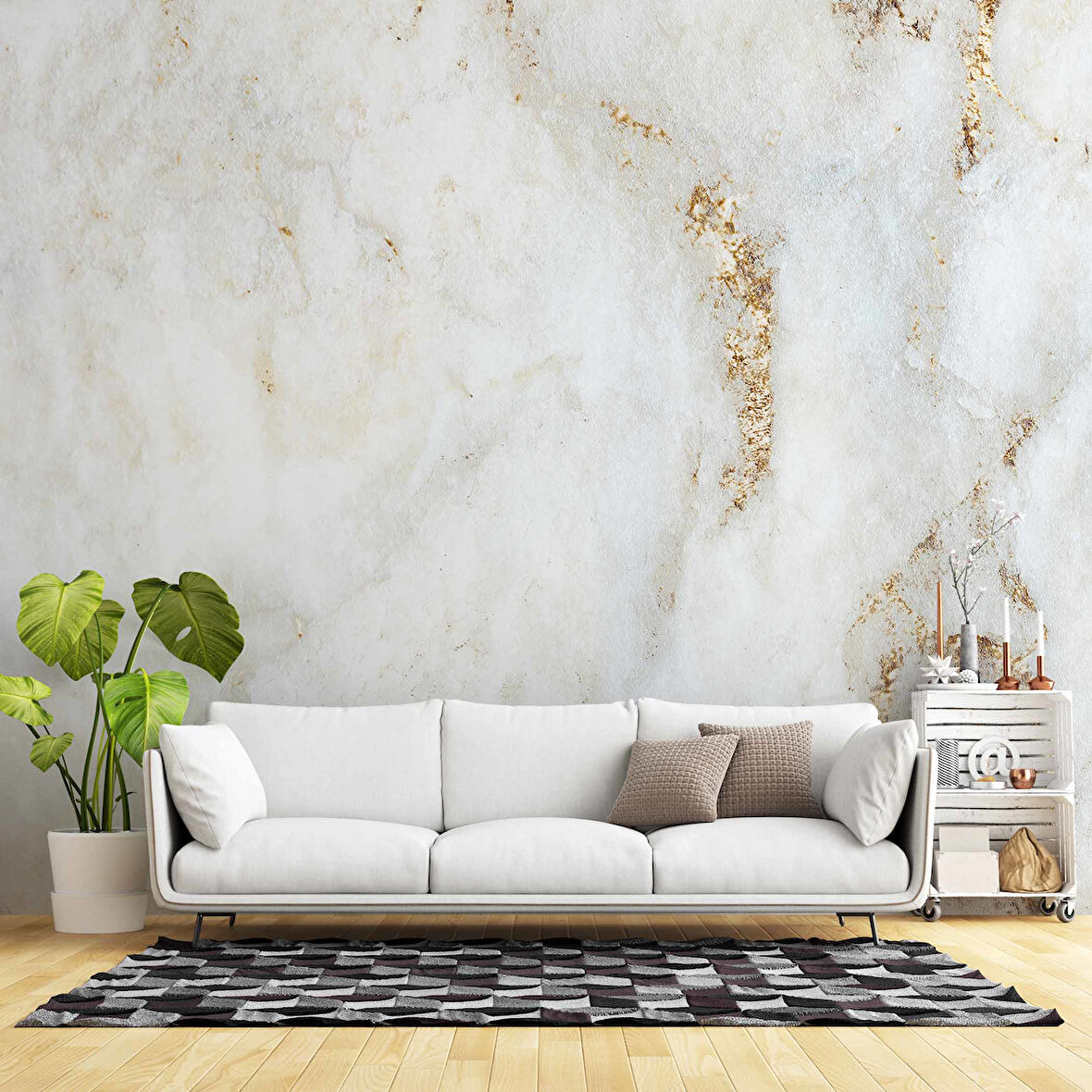 3 Boyutlu Beyaz Altın Mermer Temalı Duvar Kağıdı