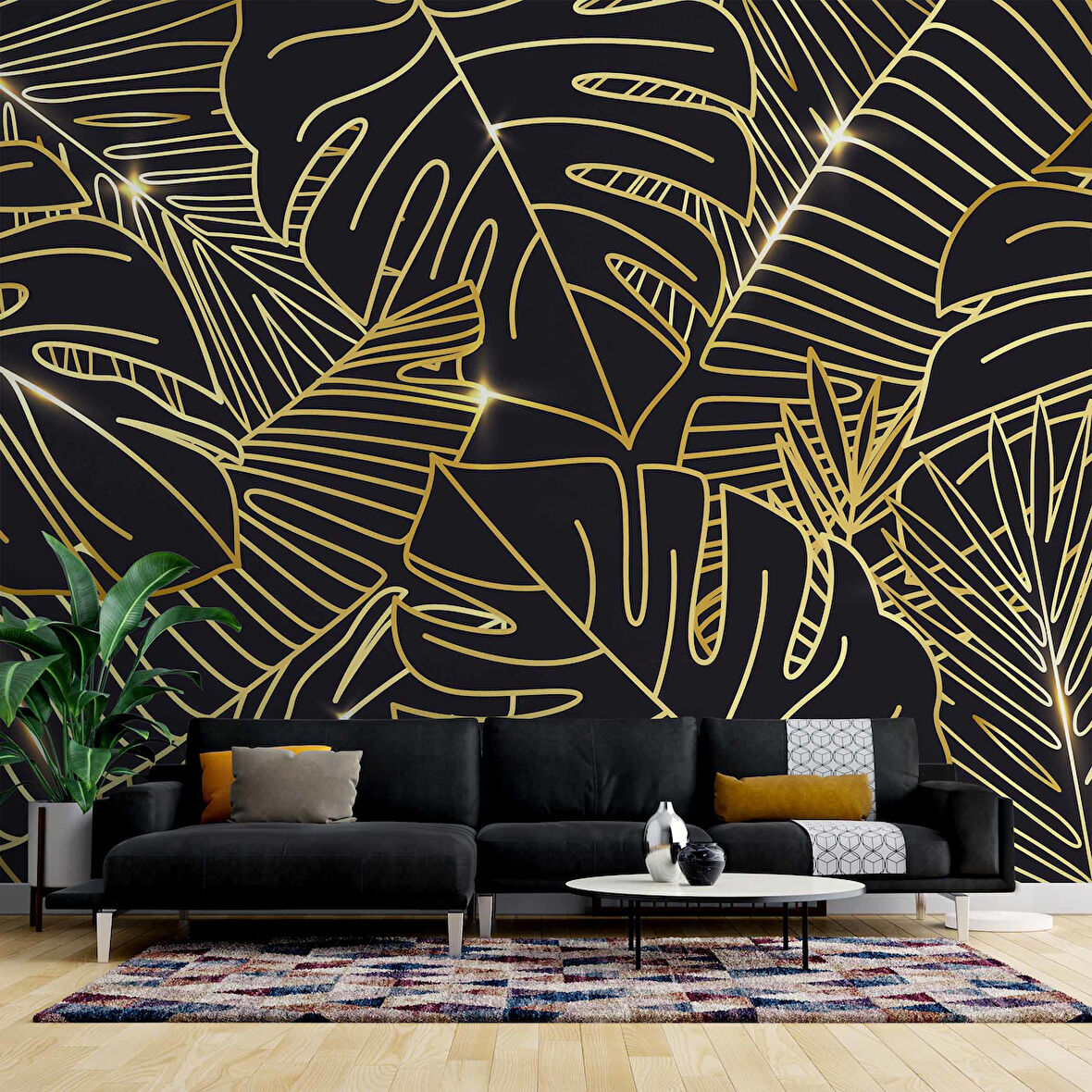 Siyah Zemin ve Altın Yaprak Temalı Duvar Kağıdı