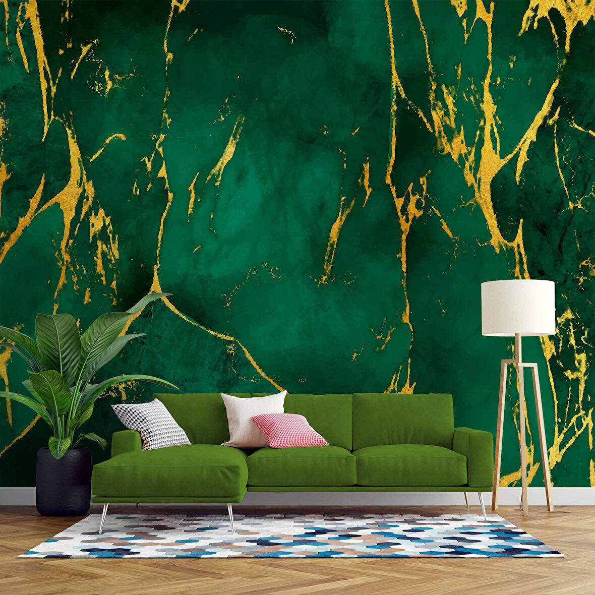 Zümrüt Yeşili Zeminli ve Altın Hat Mermer Temalı Duvar Kağıdı