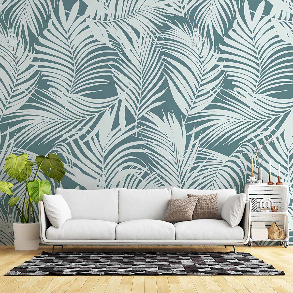 Yeşil Beyaz Yaprak Temalı Duvar Kağıdı