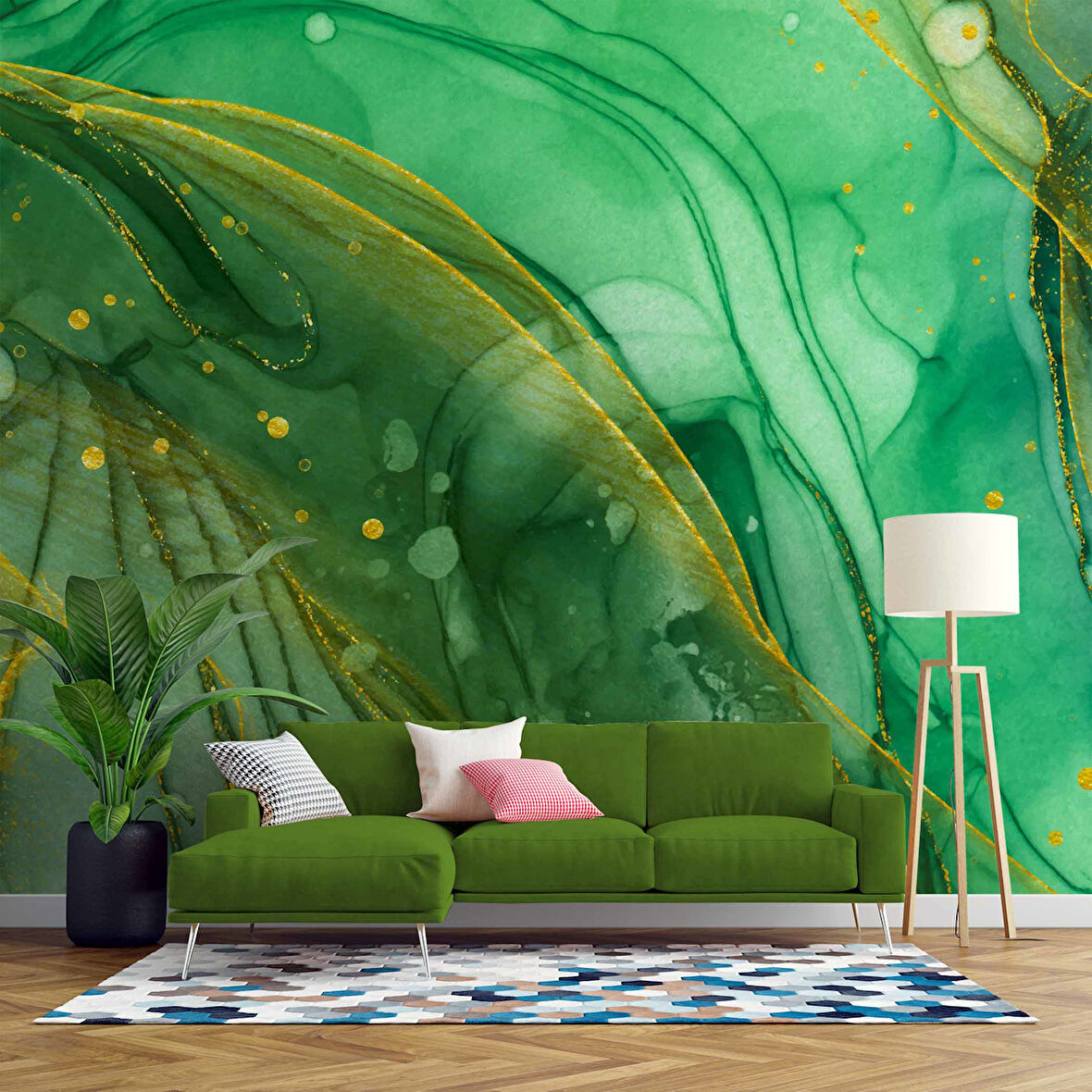 Zümrüt Yeşili ve Altın Mermer Desenli Duvar Kağıdı