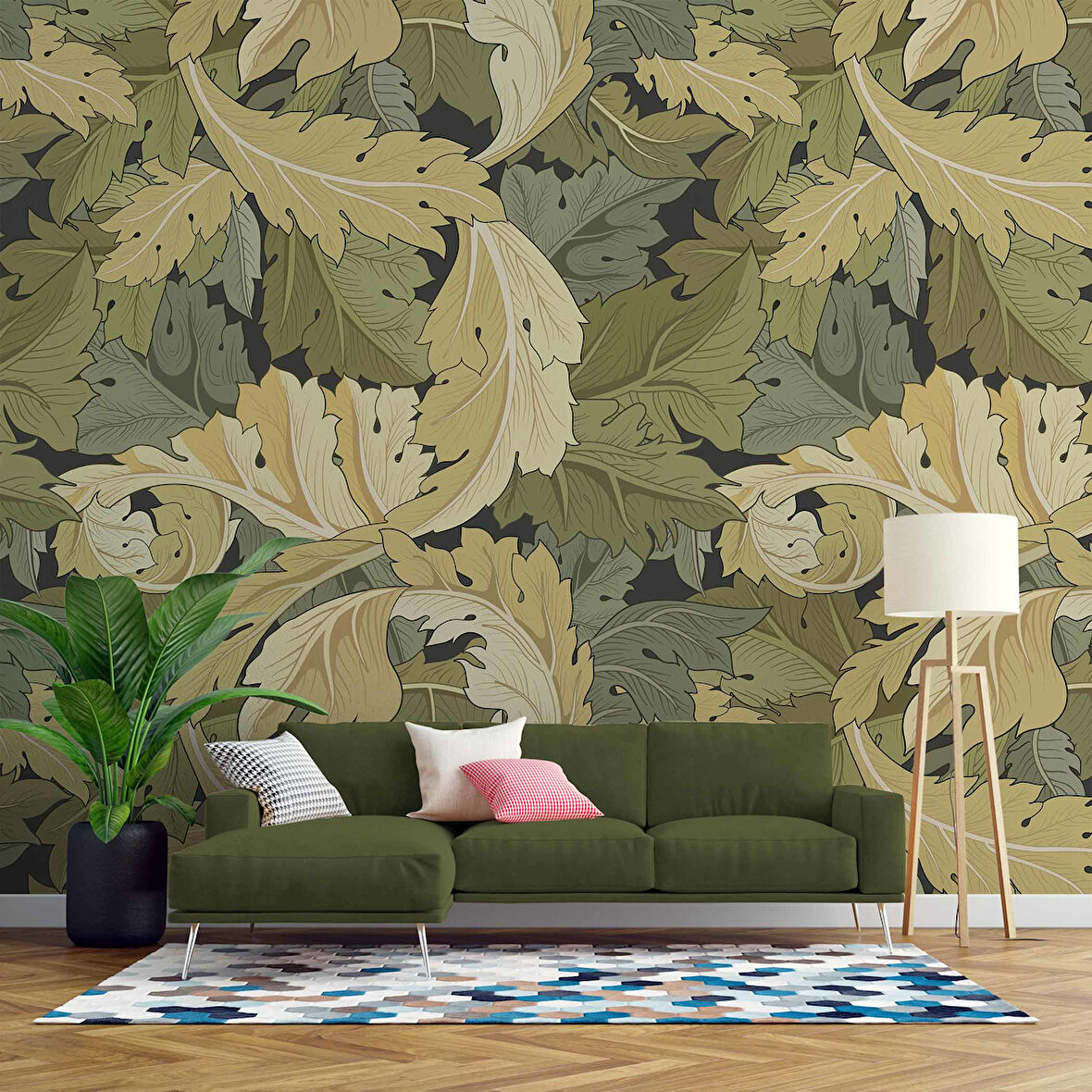 Yeşil Sarı Yaprak Desenli Duvar Kağıdı