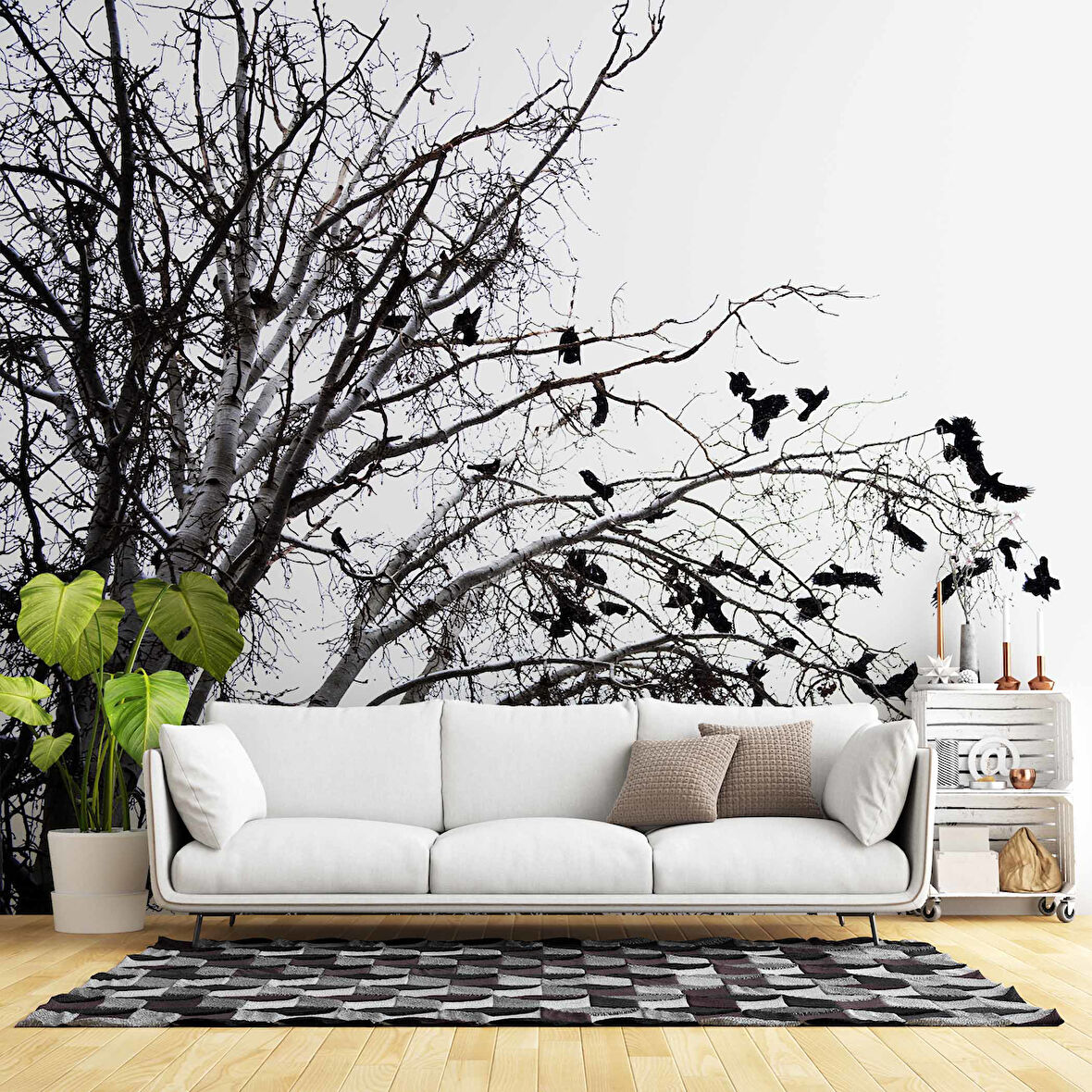 Gökyüzü Ağaç ve Kuş Manzaralı Duvar Kağıdı