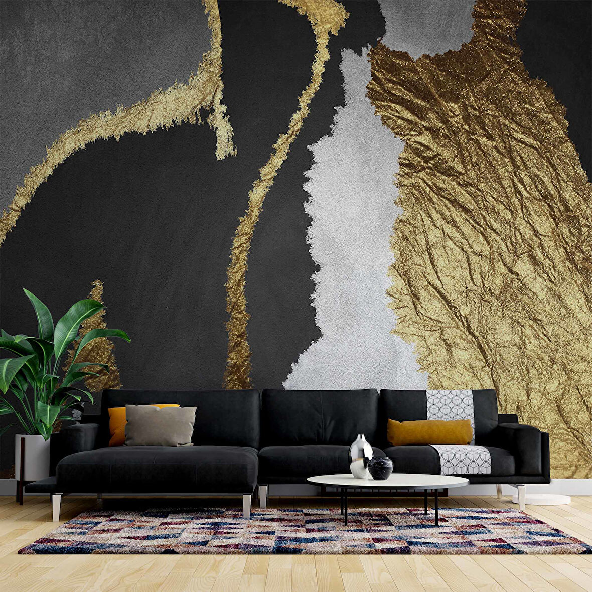 3 Boyutlu Siyah Beyaz ve Altın Desenli Duvar Kağıdı