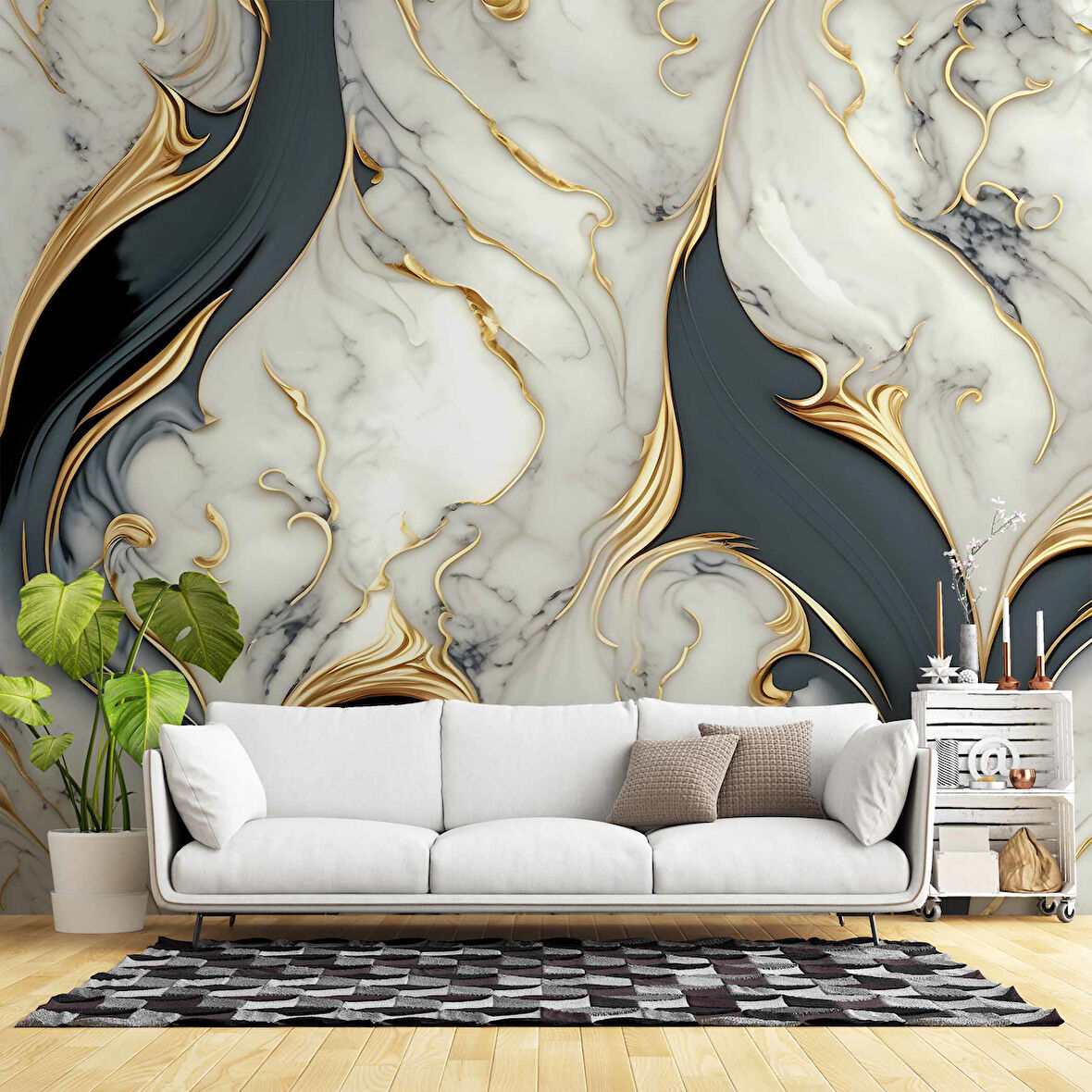 3 Boyutlu Altın Beyaz Mermer Desenli Duvar Kağıdı