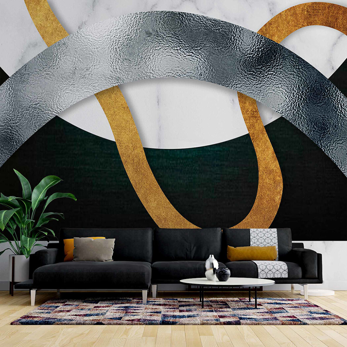 3 Boyutlu Siyah Geometri Desenli Duvar Kağıdı