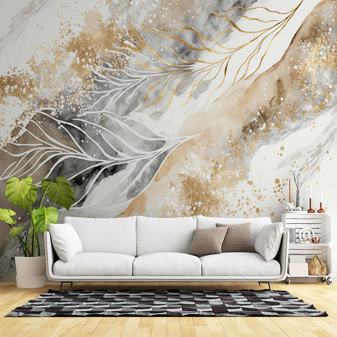 3 Boyutlu Tüy ve Mermer Desenli Duvar Kağıdı