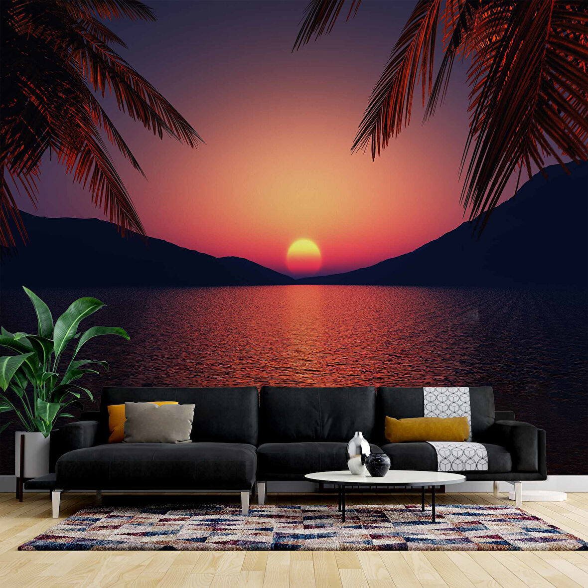 Günbatımı Deniz ve Palmiye Manzaralı Duvar Kağıdı