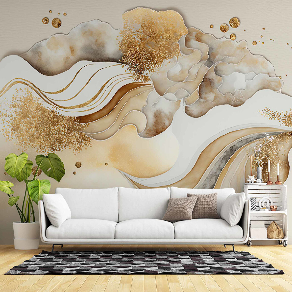 3 Boyutlu Altın Desenli Duvar Kağıdı