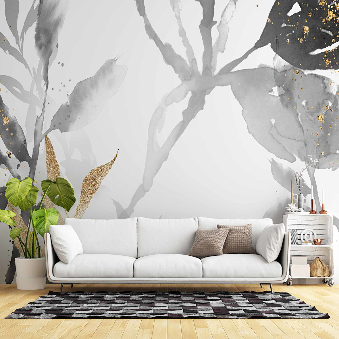 Siyah Yaprak Boyama Desenli Duvar Kağıdı