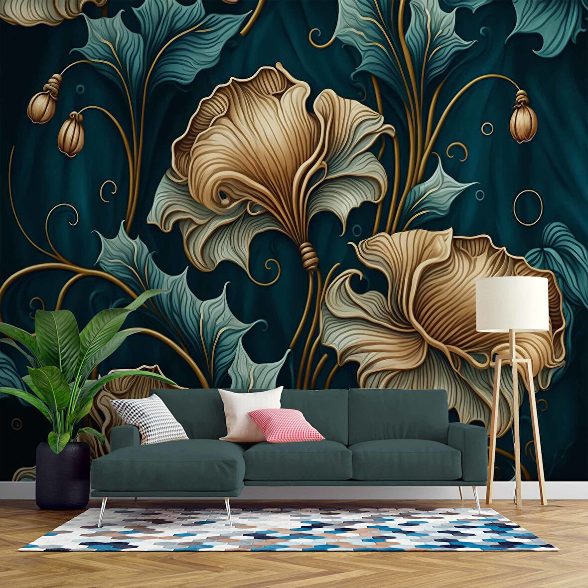 Koyu Yeşil Zeminli Altın Yaprak Desenli Duvar Kağıdı