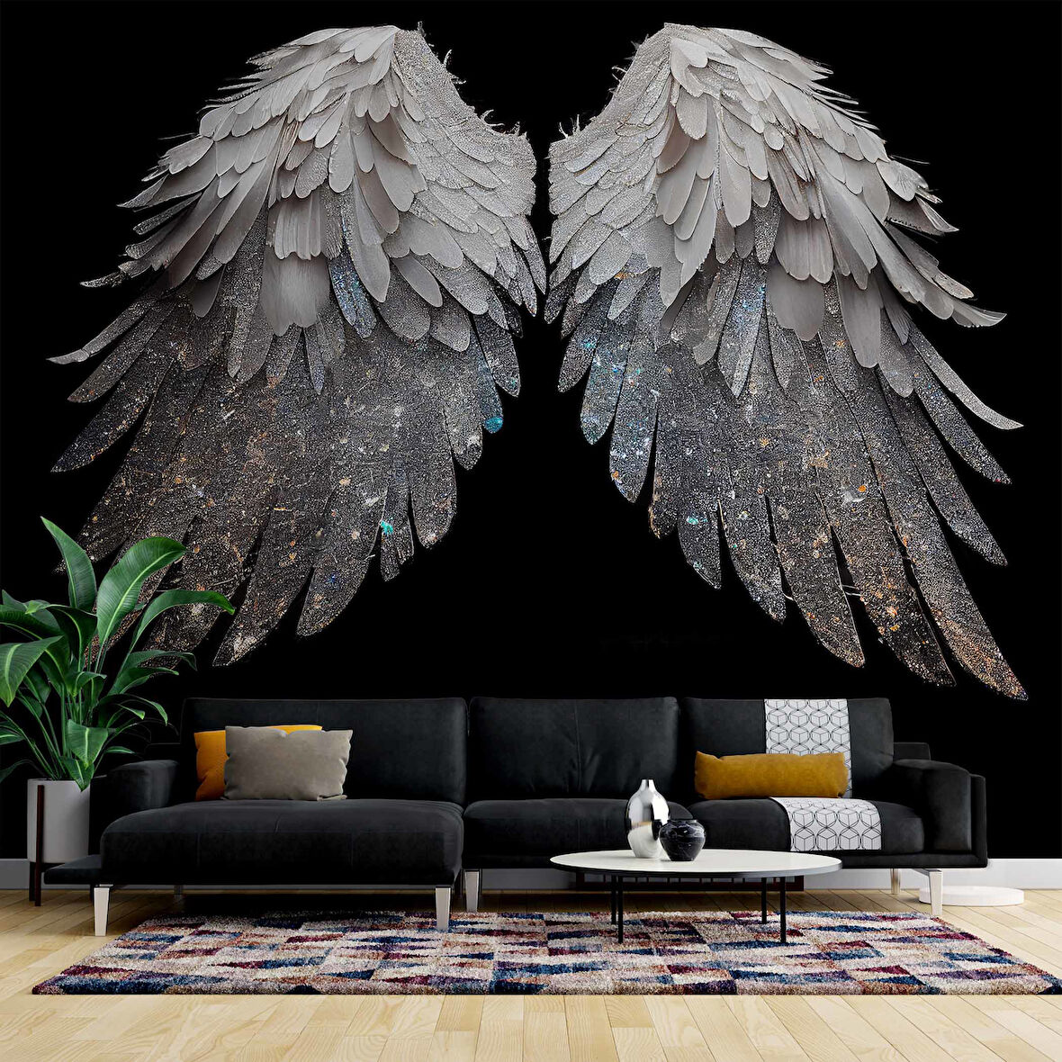 3 Boyutlu Gümüş Simli Kanat Desenli Duvar Kağıdı
