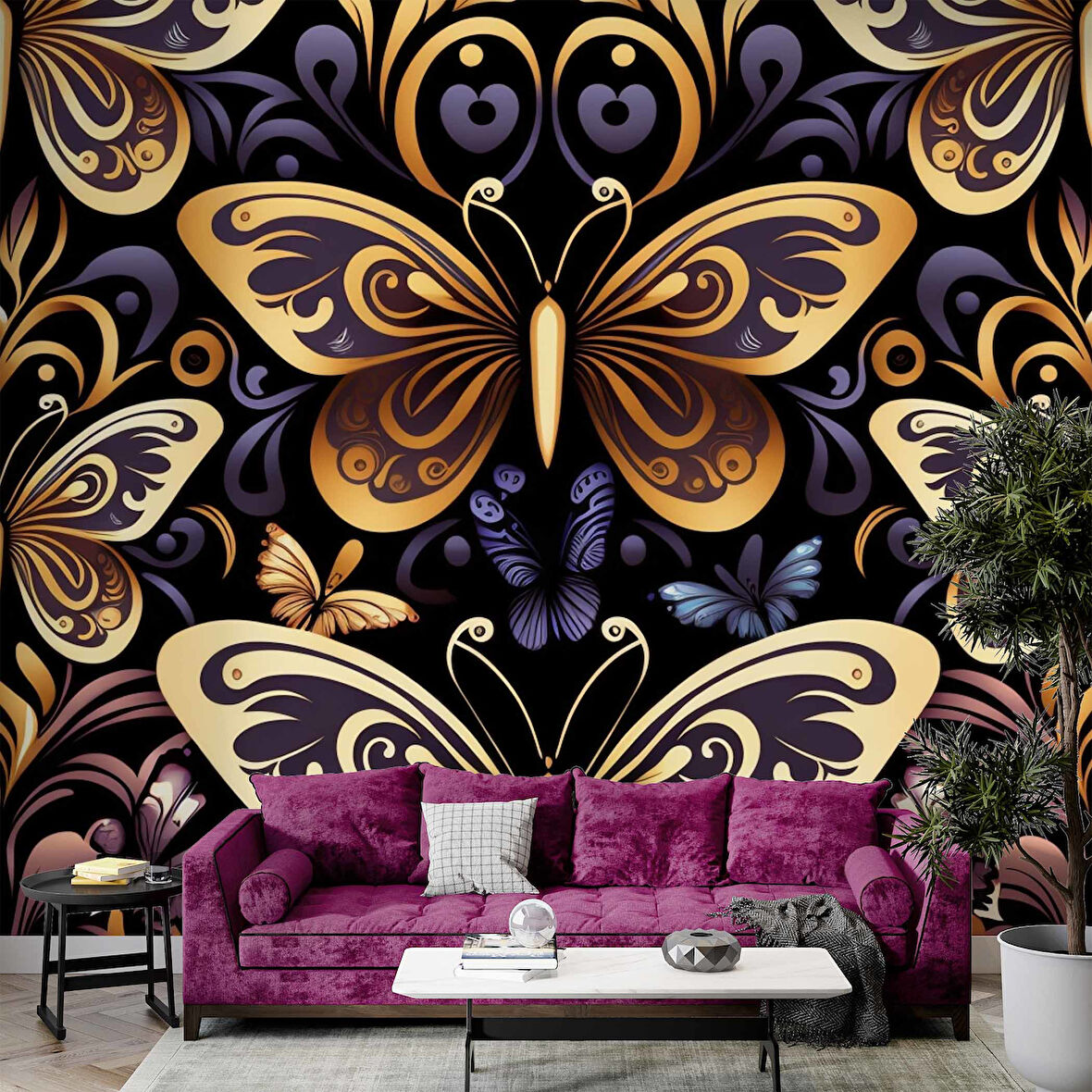 3 Boyutlu Altın Kelebek Desenli Duvar Kağıdı