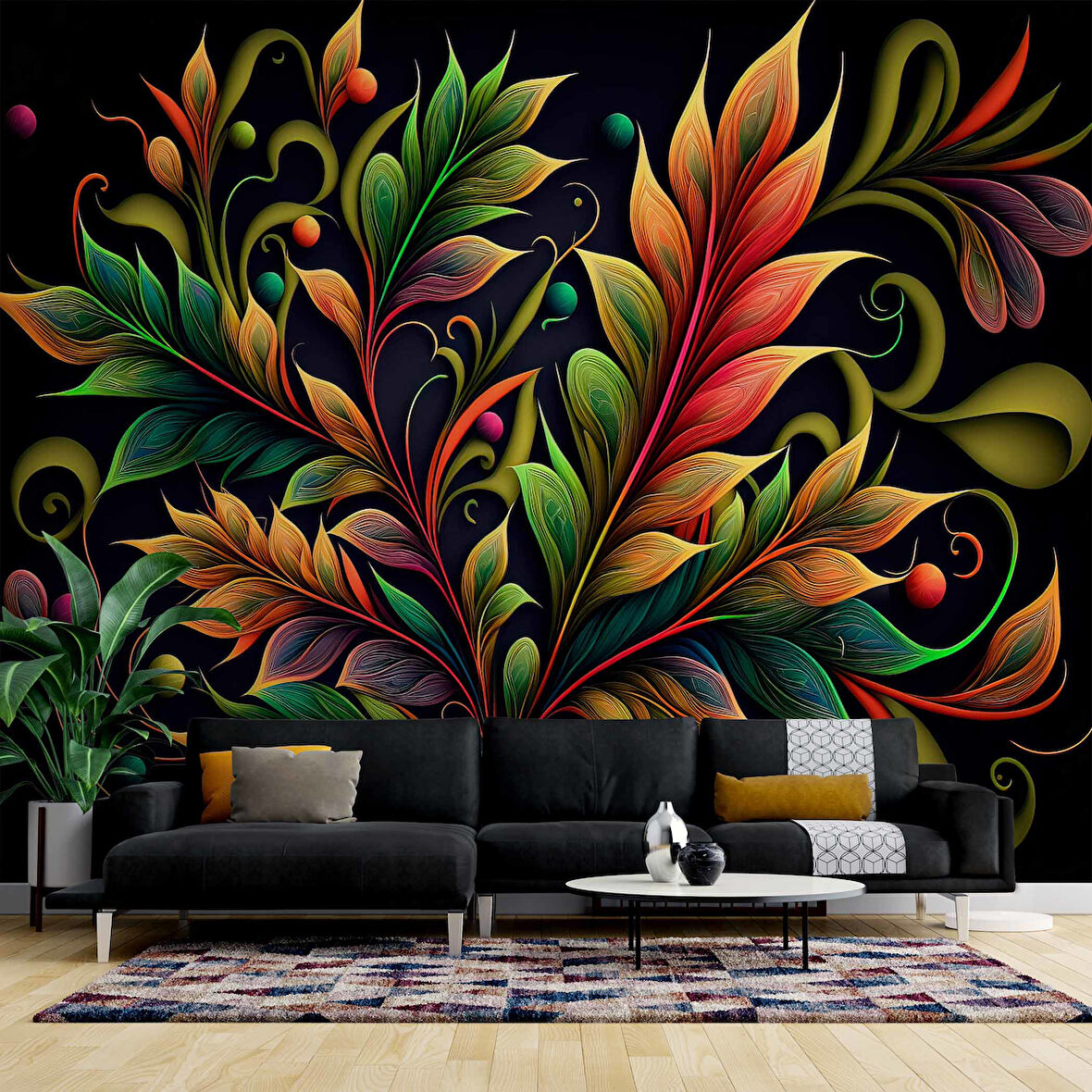 3 Boyutlu Renkli Yaprak Desenli Duvar Kağıdı